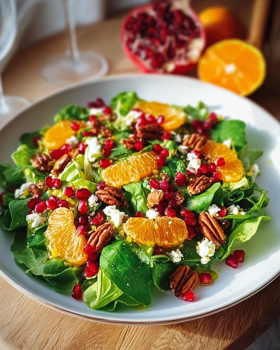 Teller mit Schneller Wintersalat, belegt mit grünen Blättern, Orangenspalten, Granatapfelkernen und Pekannüssen.