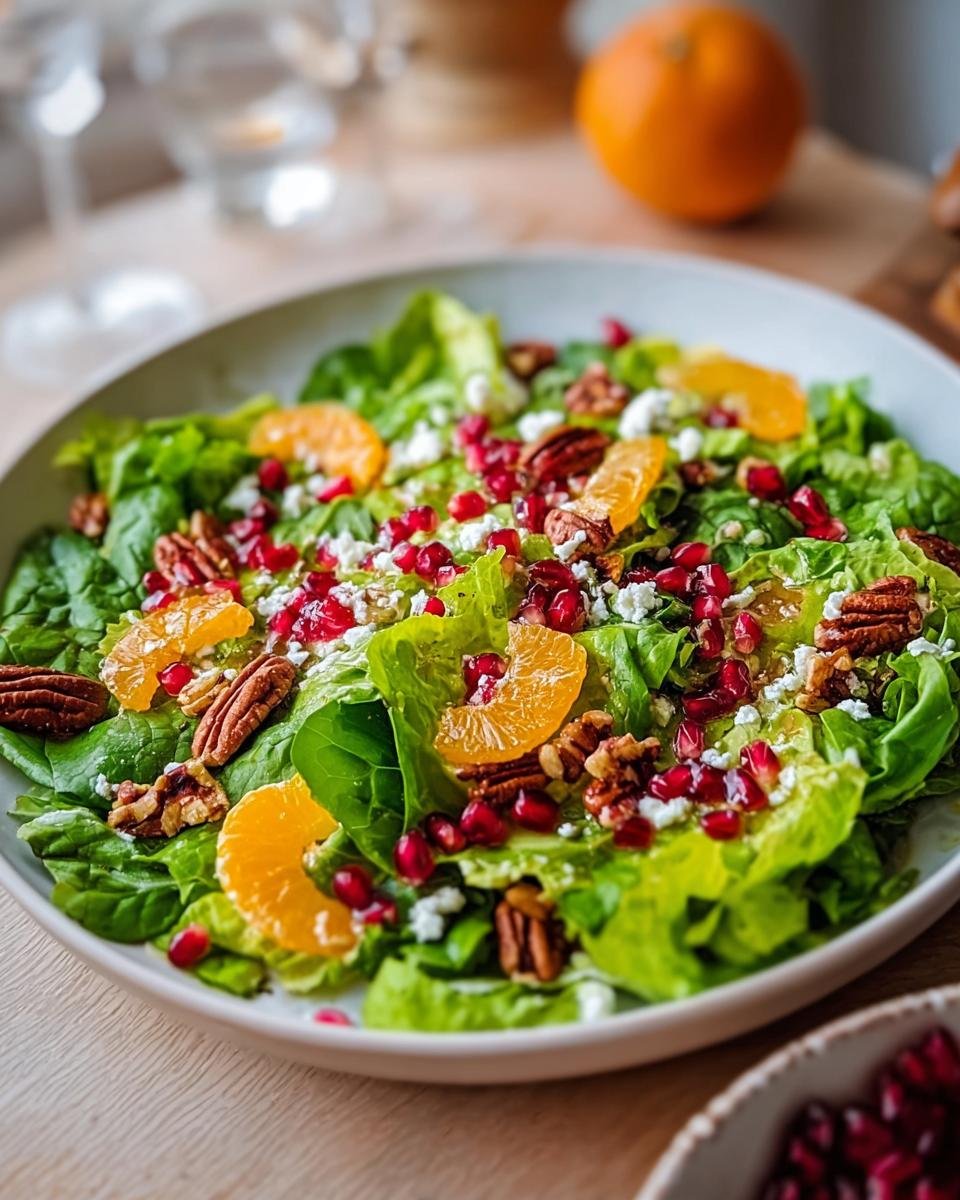 Nahaufnahme eines bunten Schneller Wintersalat mit grünen Blättern, Orangenspalten, Pekannüssen und Granatapfelkernen.