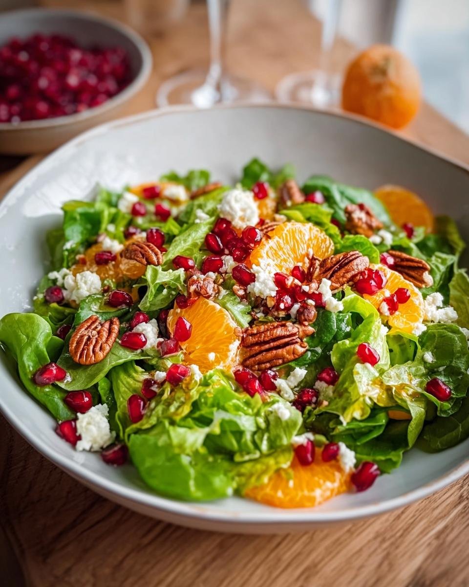 Nahaufnahme eines bunten Schneller Wintersalat mit grünen Blättern, Orangenscheiben, Granatapfelkernen und Pekannüssen.