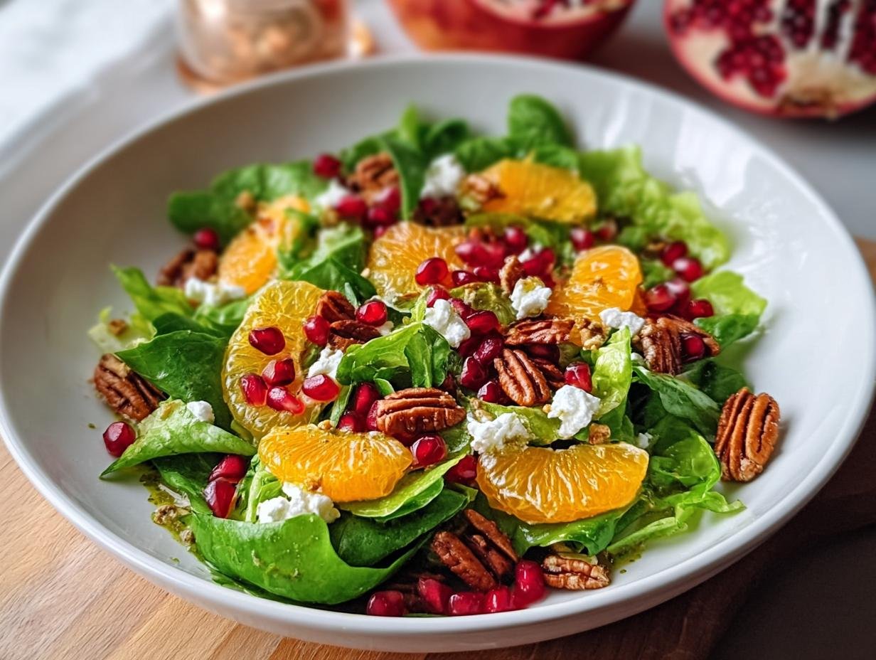 Nahaufnahme eines Schüssel mit Schneller Wintersalat, belegt mit grünen Blättern, Orangenspalten, Pekannüssen und Granatapfelkernen.