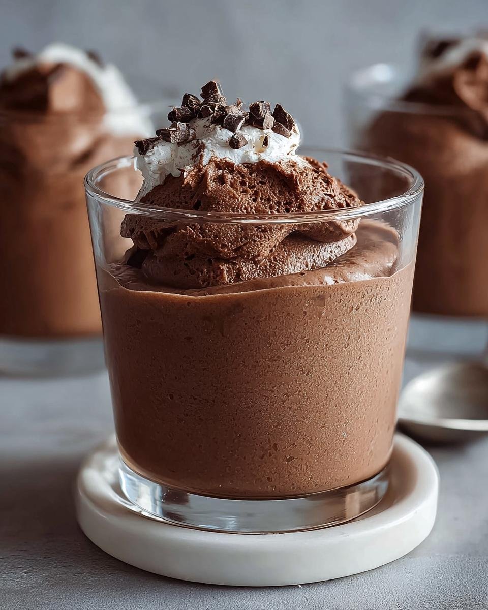 Nahaufnahme eines schnellen Schokoladen-Nachtisch (Mousse) im Glas, garniert mit Sahne und Schokostückchen.