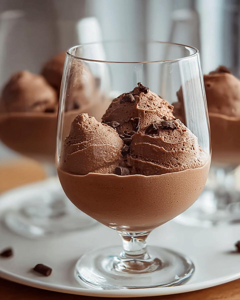 Nahaufnahme eines schnellen Schokoladen-Nachtischs, serviert in einem Glas mit Schokostückchen.