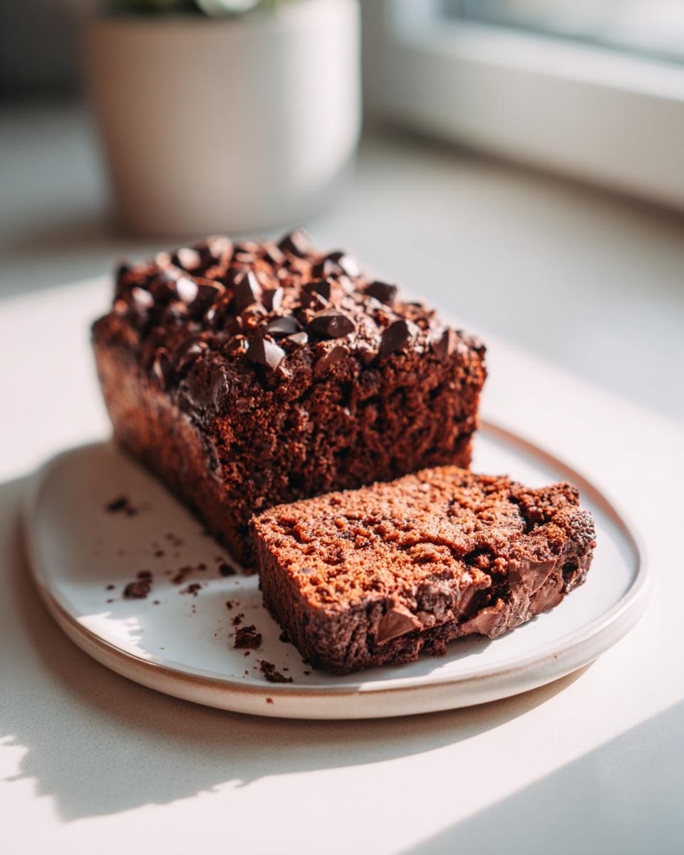 Ein angeschnittenes Schoko Bananenbrot, reichlich belegt mit Schokostückchen, auf einem Teller.