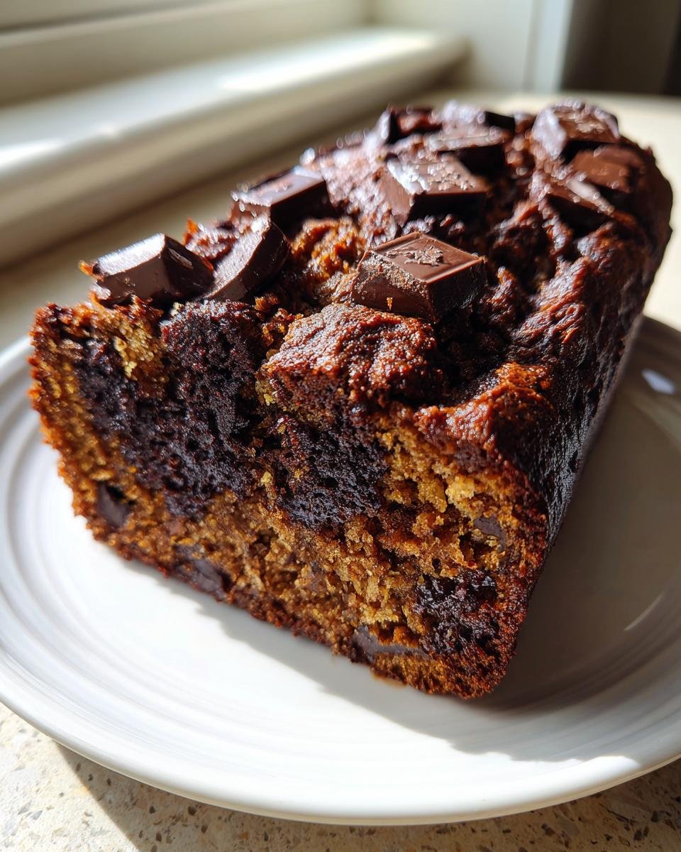 Ein Stück saftiges Schoko Bananenbrot, reich an dunkler Schokolade, auf einem weißen Teller.