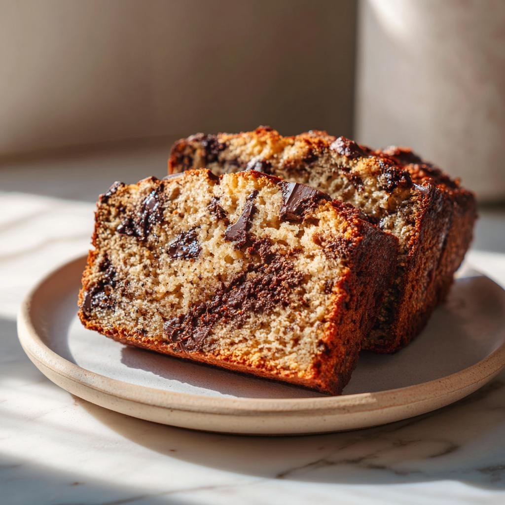 Zwei dicke Scheiben Schoko Bananenbrot mit geschmolzenen Schokoladenstücken auf einem Teller.