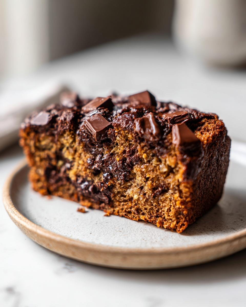 Nahaufnahme eines dicken Stücks Schoko Bananenbrot mit geschmolzenen Schokostückchen obenauf, serviert auf einem kleinen Teller.
