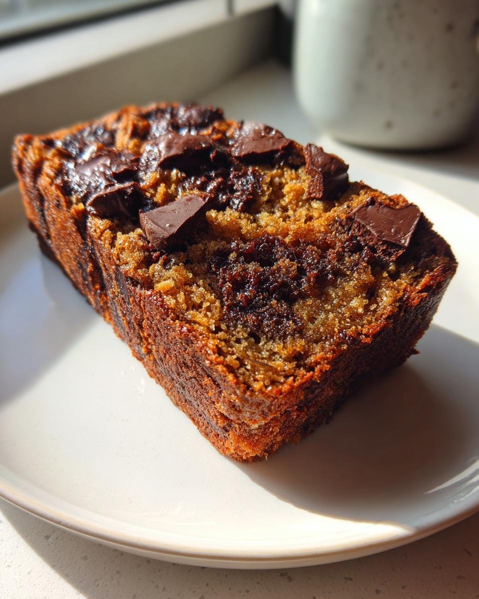 Nahaufnahme eines dicken Stücks Schoko Bananenbrot mit geschmolzenen Schokostückchen auf einem weißen Teller.