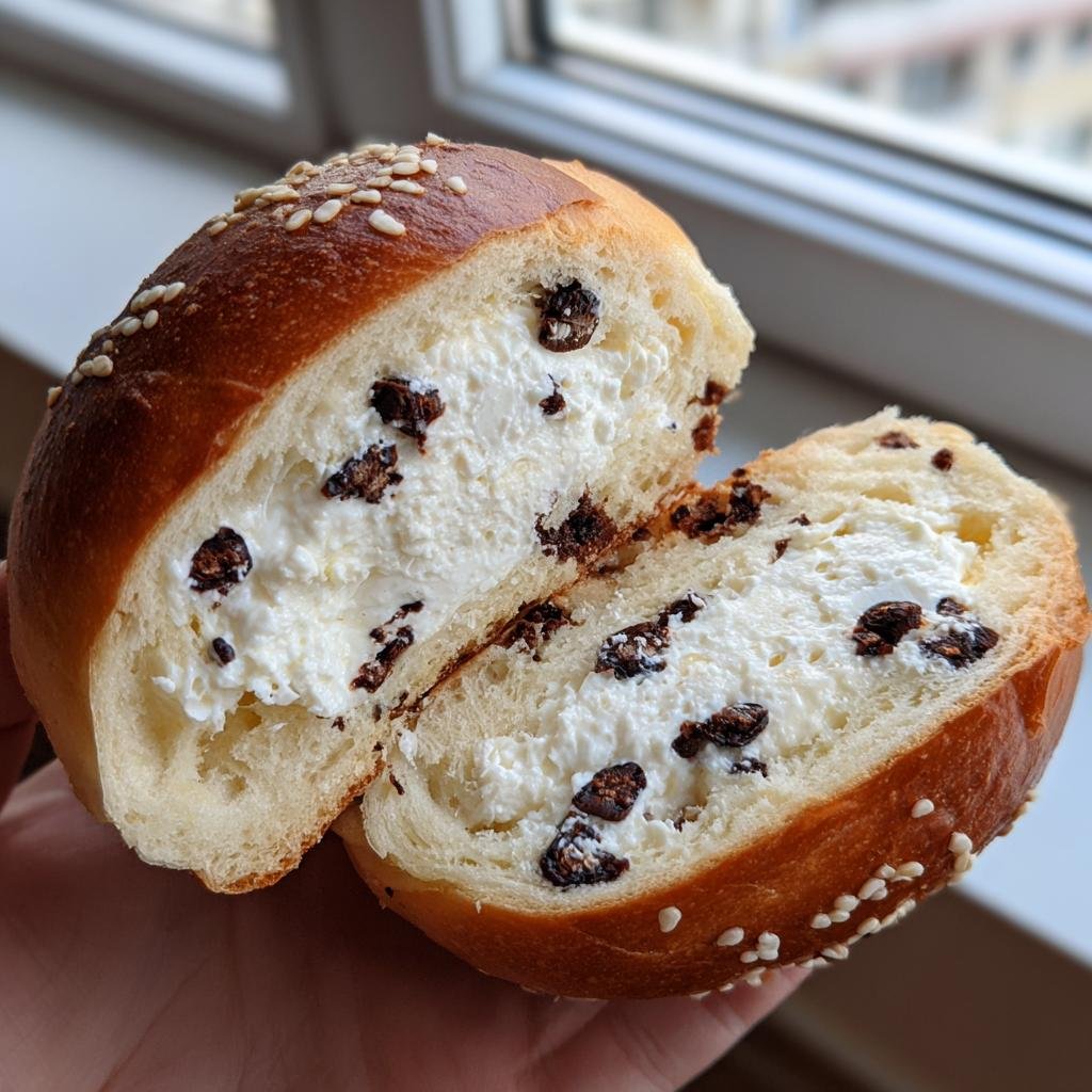 Aufgeschnittenes Schoko-Brötchen mit Quark und Schokostückchen, bestreut mit Sesam.