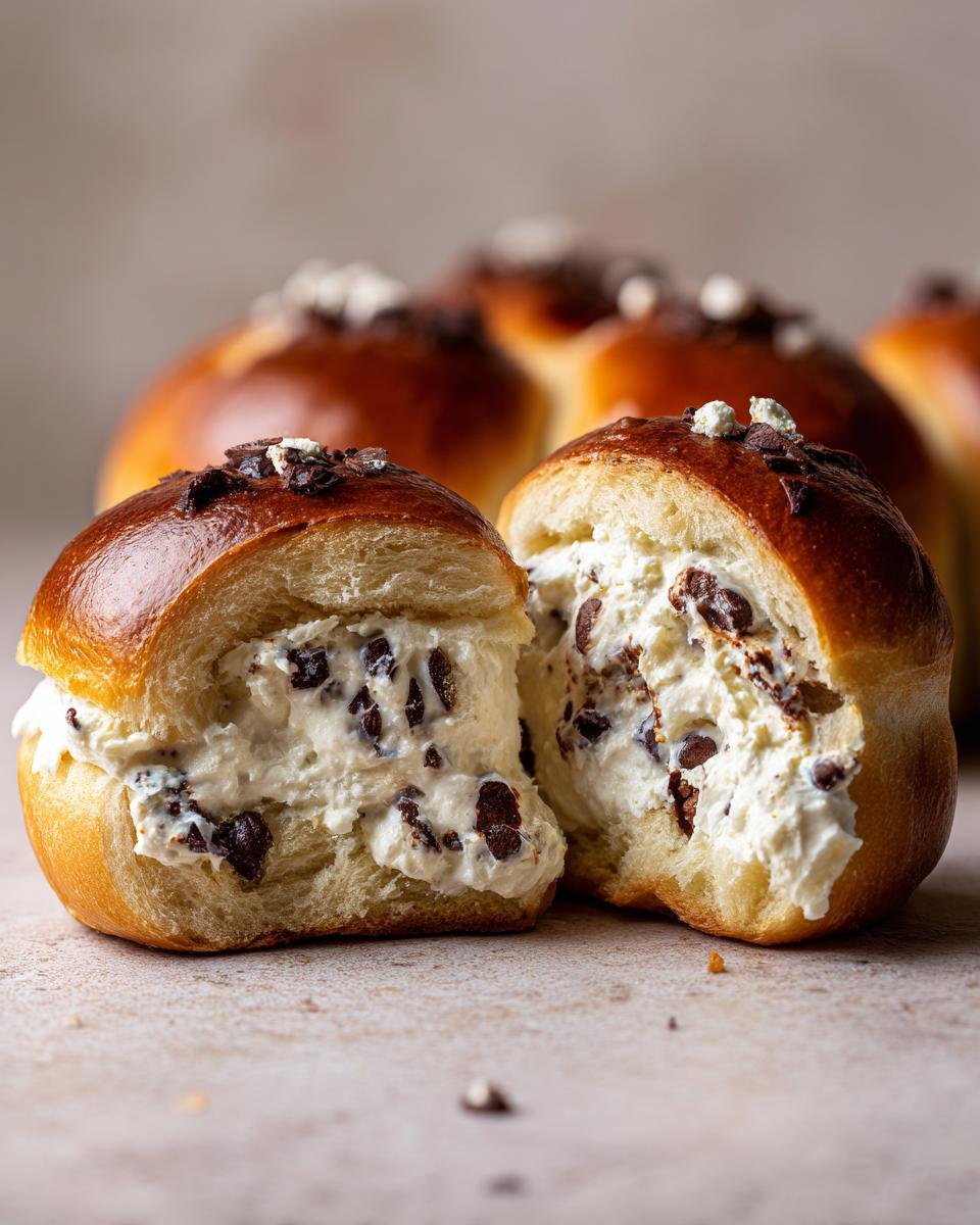 Nahaufnahme eines aufgeschnittenen Schoko-Brötchen mit Quark, gefüllt mit Schokostückchen, passend zum Rezept Schoko-Brötchen mit Quark.