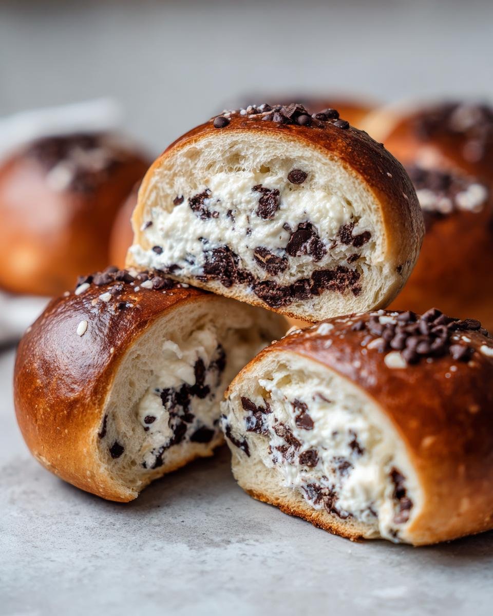 Nahaufnahme von aufgeschnittenen Schoko-Brötchen mit Quark-Füllung und Schokostückchen, die das saftige Innere zeigen.