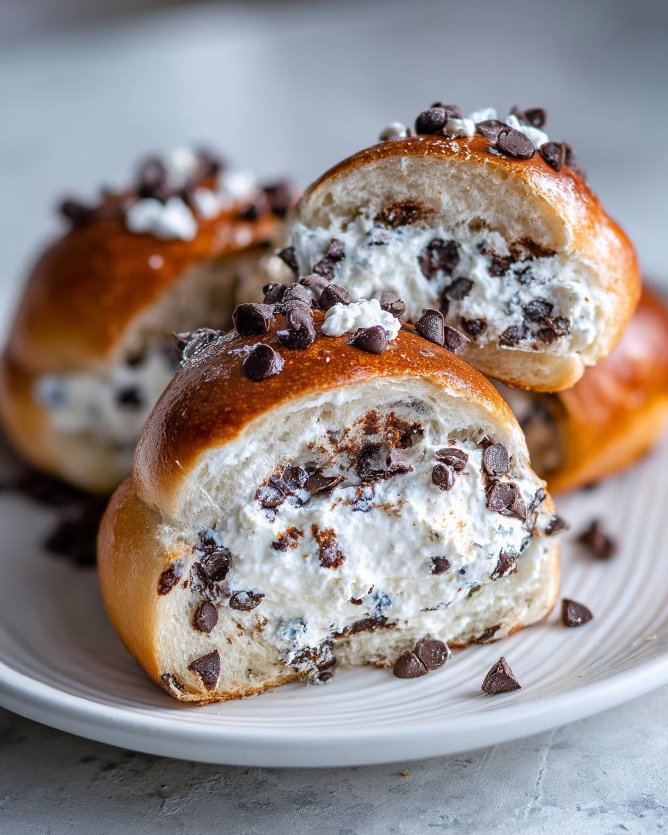Nahaufnahme von aufgeschnittenen Schoko-Brötchen mit Quark-Füllung und Schokostückchen, die auf einem weißen Teller liegen.