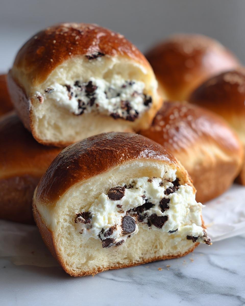 Nahaufnahme eines aufgeschnittenen Schoko-Brötchen mit Quark und Schokostückchen Füllung.