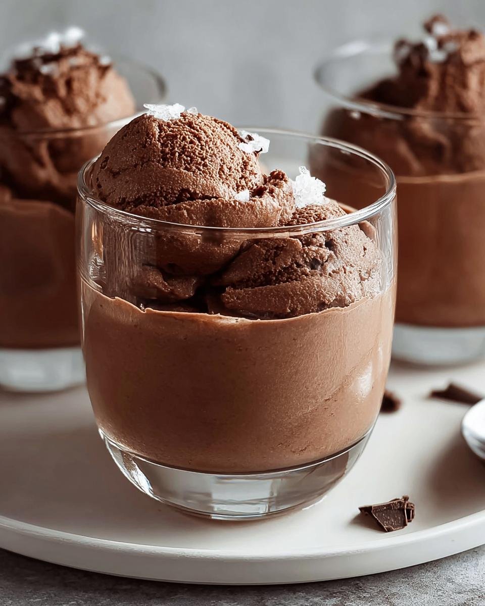 Nahaufnahme von cremigem Schokoladen-Nachtisch mit einer Kugel Mousse und Meersalzflocken.