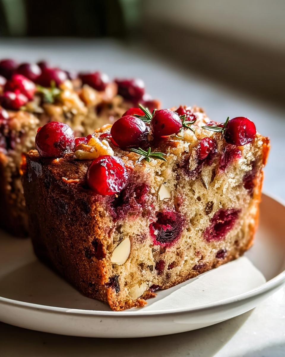 Nahaufnahme eines Stücks süßes Schwedisches Weihnachtsbrot, reich an Cranberries und Mandeln, garniert mit Rosmarin.