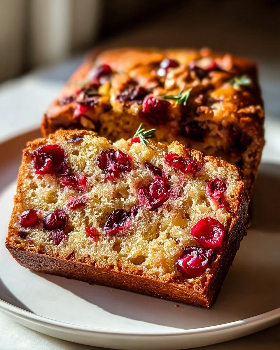 Nahaufnahme eines Scheibe Schwedisches Weihnachtsbrot mit saftigen roten Cranberries und Rosmarinzweigen.