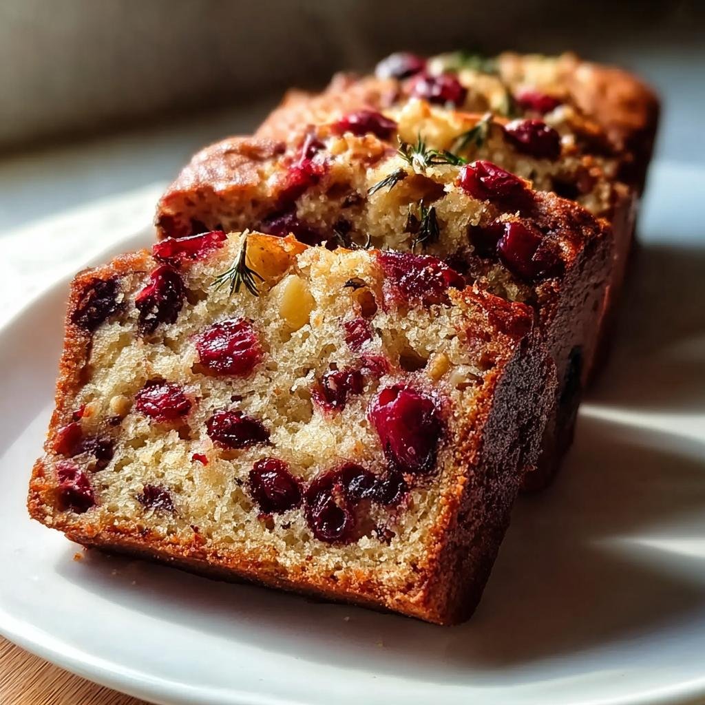 Nahaufnahme von Scheiben eines saftigen Kuchens, wahrscheinlich Schwedisches Weihnachtsbrot, gefüllt mit roten Cranberrys und Nüssen.