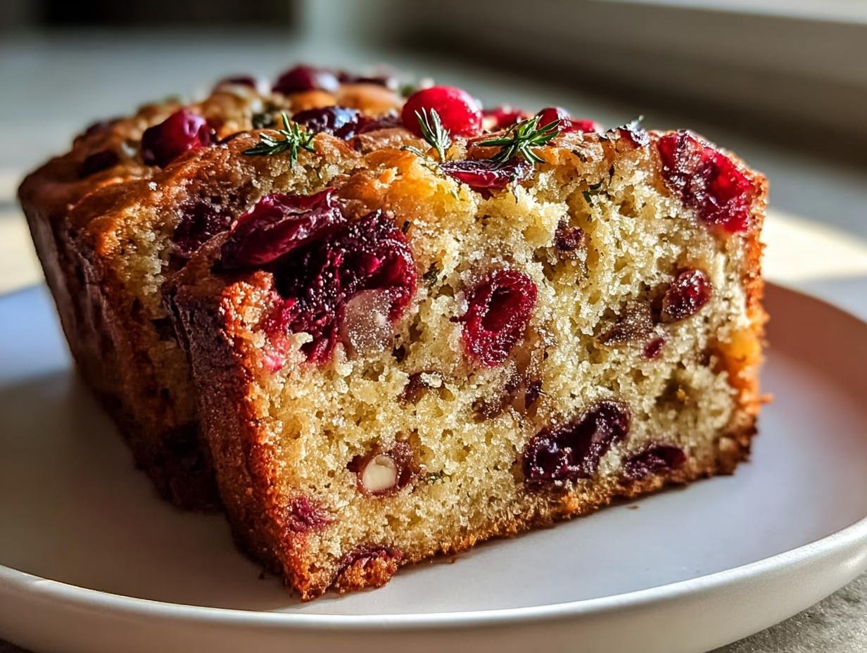 Nahaufnahme von zwei Scheiben des würzigen Schwedisches Weihnachtsbrot, reich an Cranberries und Rosmarin.