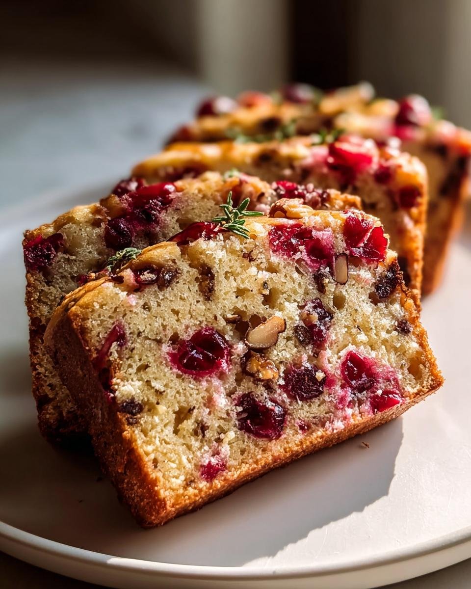 Close-up of sliced festive bread, likely Schwedisches Weihnachtsbrot, studded with bright red berries and nuts.