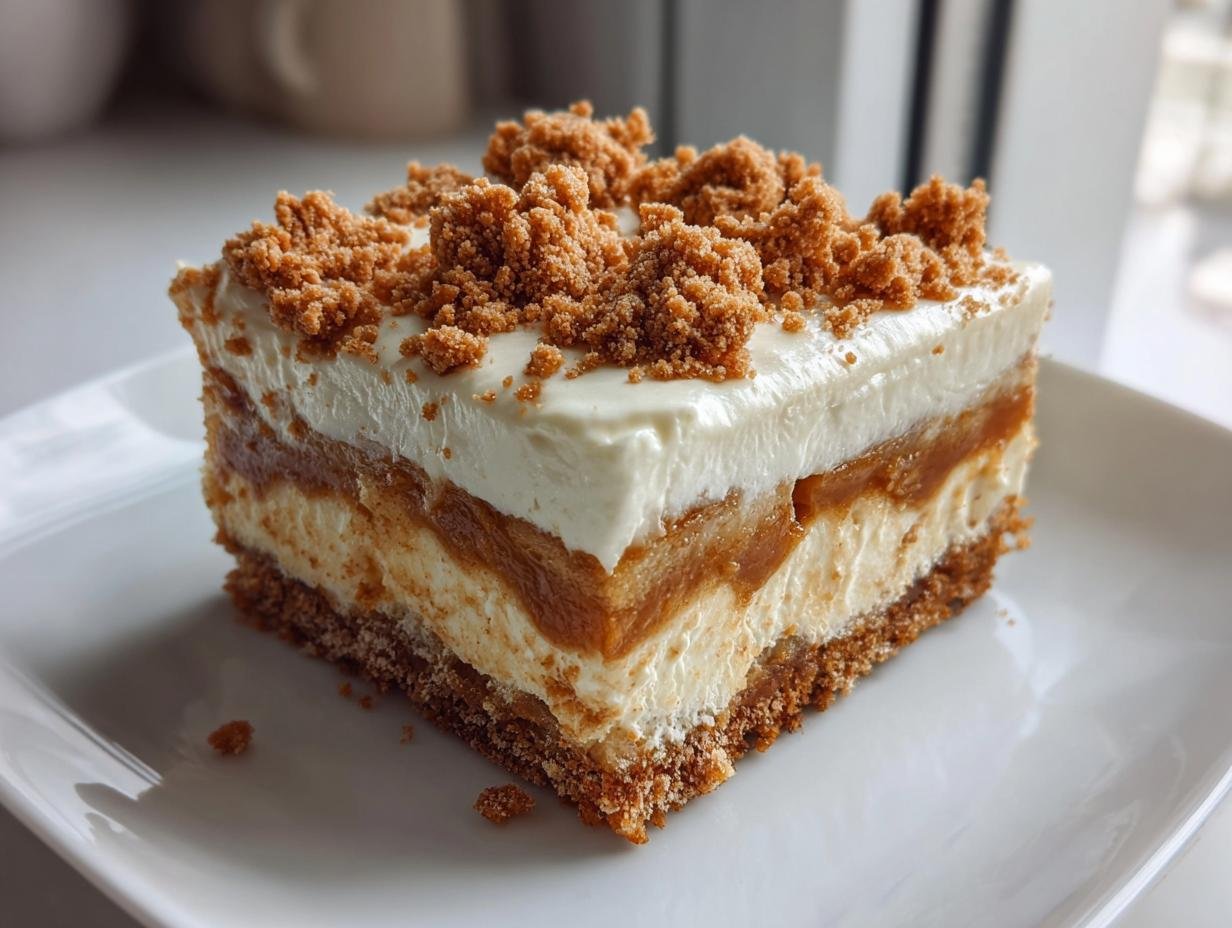 Ein saftiges Stück Speculoos Apfel Blechkuchen mit mehreren Schichten, gekrönt mit weißer Creme und Keksstreuseln.
