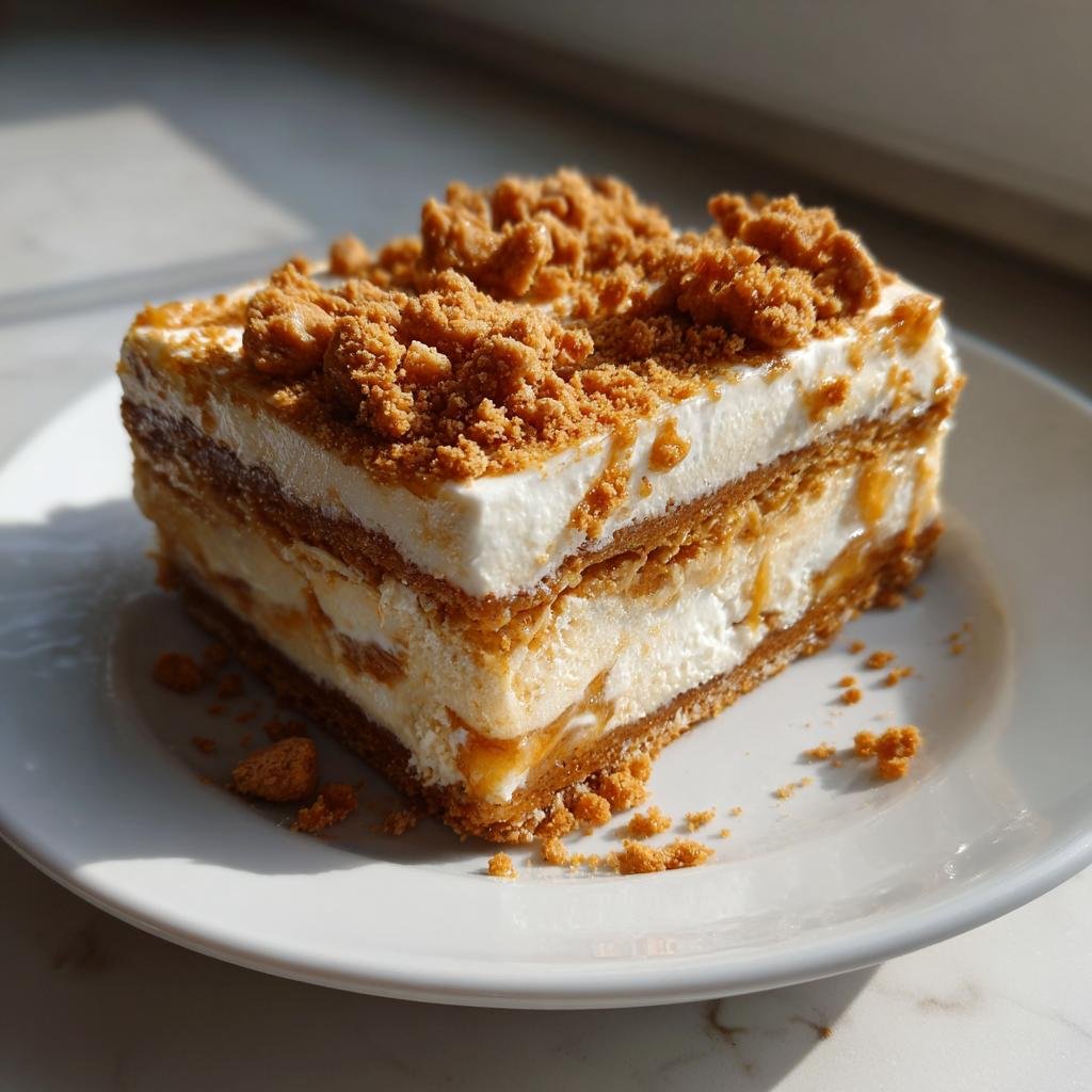Ein Stück Speculoos Apfel Blechkuchen mit Cremeschichten und knusprigen Streuseln auf einem weißen Teller.