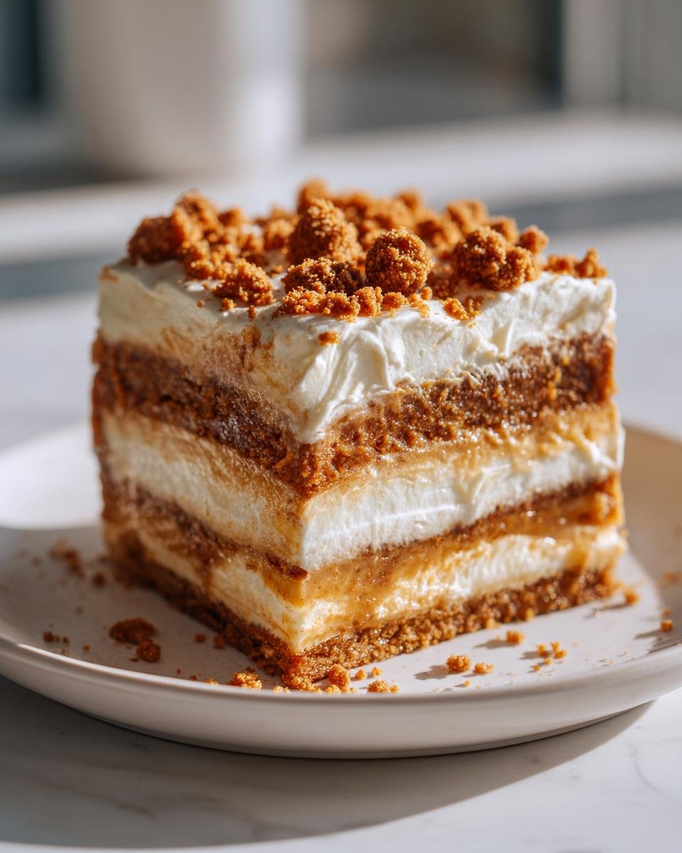 Ein saftiges Stück Speculoos Apfel Blechkuchen mit mehreren Schichten Creme, Apfelfüllung und zerbröseltem Keks-Topping.