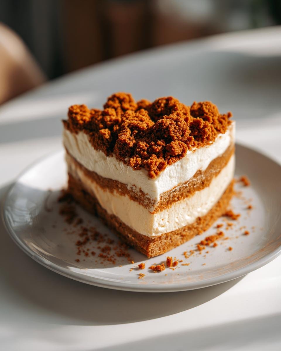 Ein Stück cremiger Speculoos Apfel Blechkuchen mit mehreren Schichten und knusprigen Spekulatius-Streuseln obenauf.