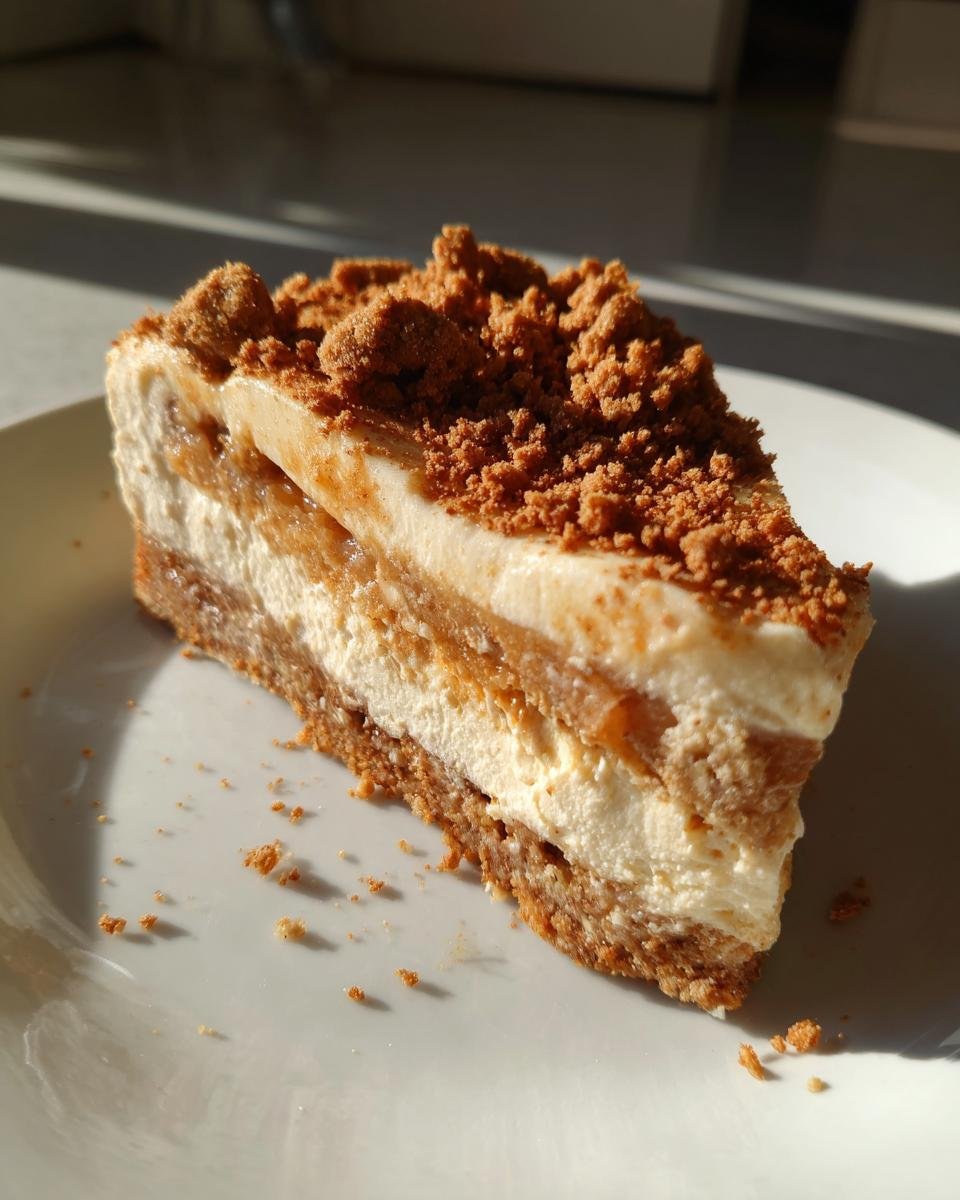 Nahaufnahme eines cremigen Stücks Speculoos Apfel Blechkuchen mit einer dicken Schicht Streusel obenauf.
