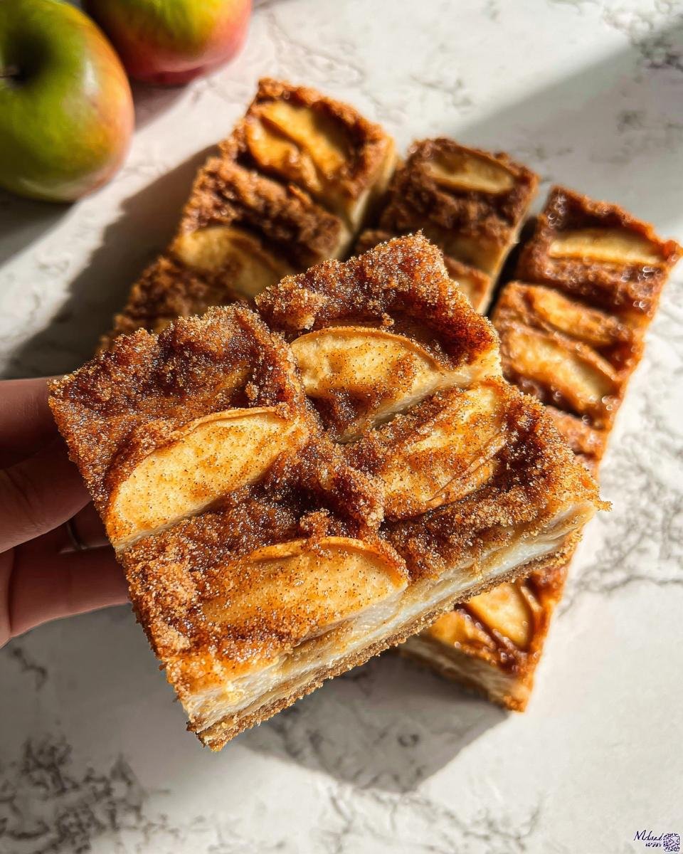 Eine Hand hält ein Stück Speculoos Apfel Blechkuchen mit geschichteten Äpfeln und reichlich Zimt-Zucker-Streusel.