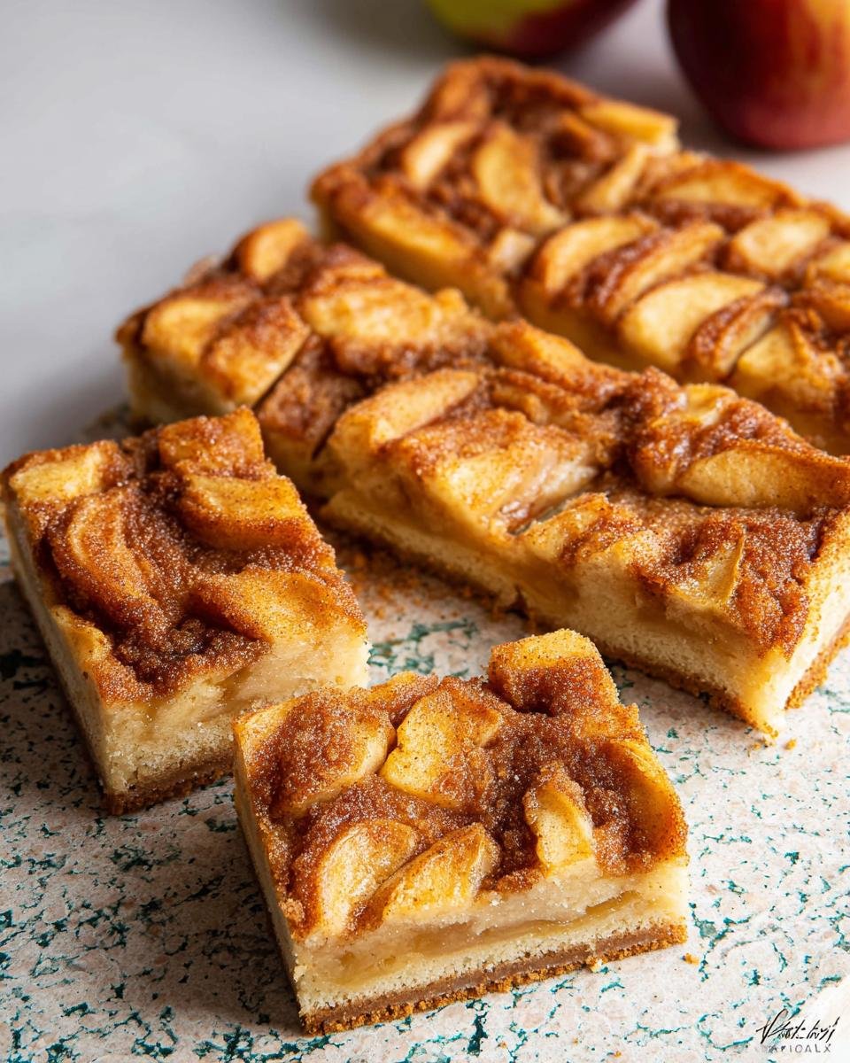 Anschnittstücke eines Speculoos Apfel Blechkuchen mit Zimt-Zucker-Topping.