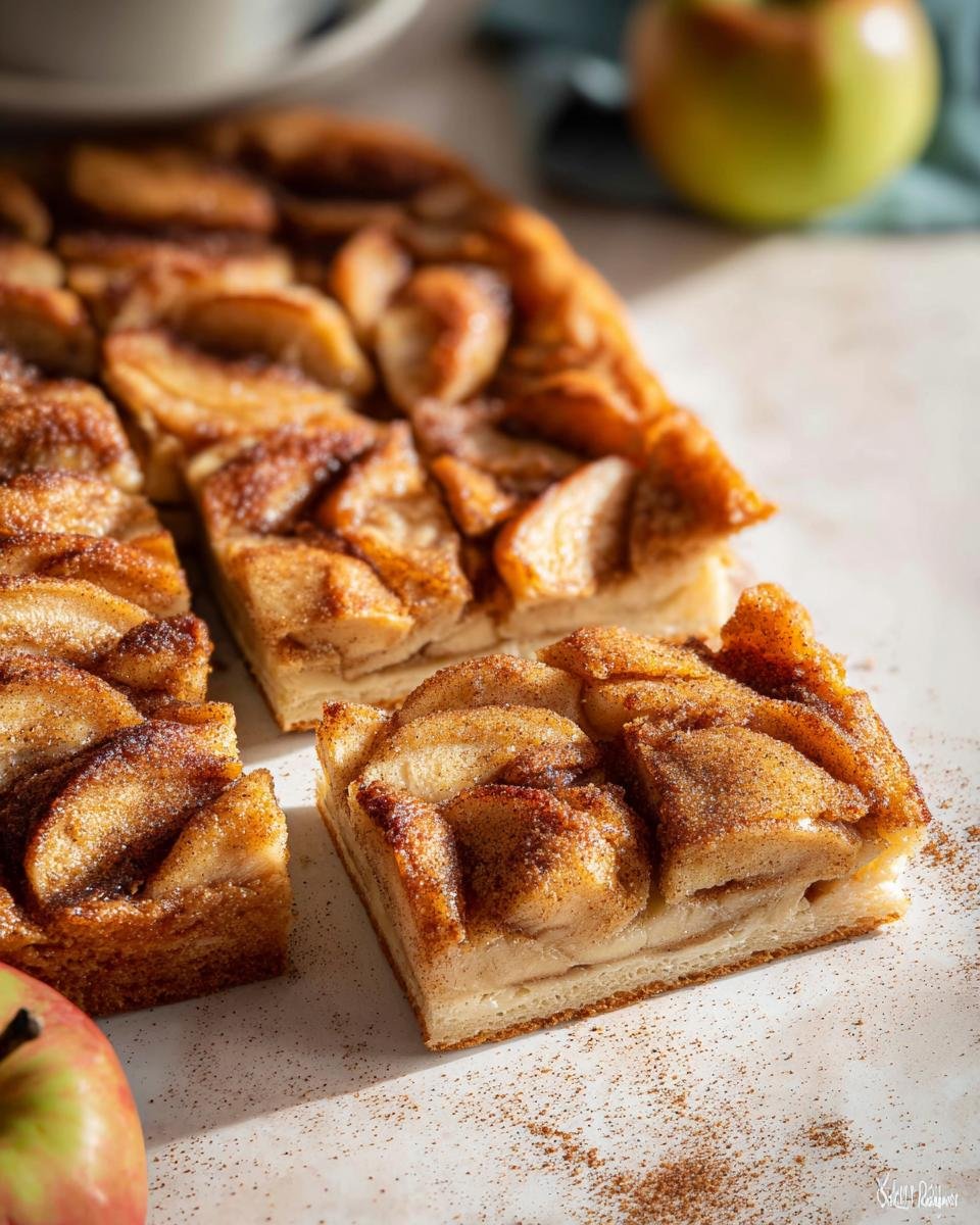 Nahaufnahme von Stücken des Speculoos Apfel Blechkuchen, bedeckt mit karamellisierten Äpfeln und Zimt-Zucker.