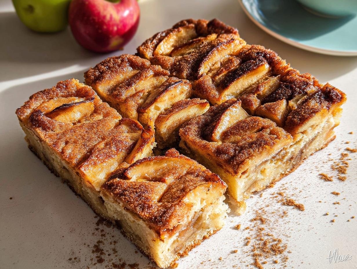 Close-up of square slices of Speculoos apple sheet cake topped with spiced, caramelized apples.