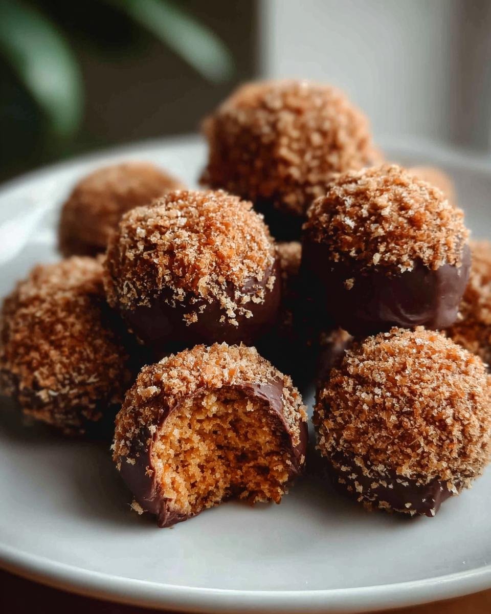 Nahaufnahme von Spekulatius Kugeln mit Suchtgefahr potenzial, teilweise in dunkle Schokolade getaucht und mit Spekulatiusbröseln bestreut, eines ist angebissen.