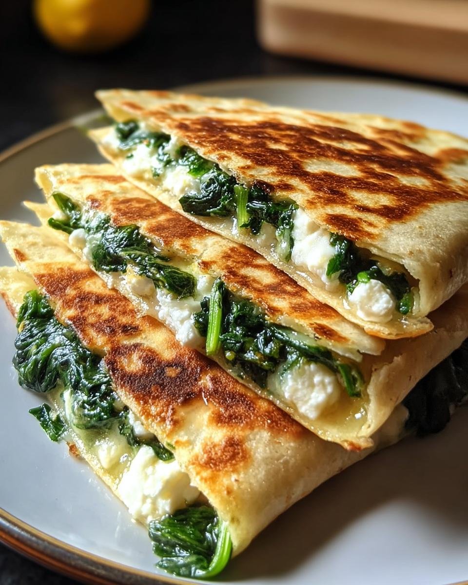 Drei goldbraun gebratene Spinat-Feta-Quesadillas, gefüllt mit Spinat und geschmolzenem Feta, auf einem Teller gestapelt.
