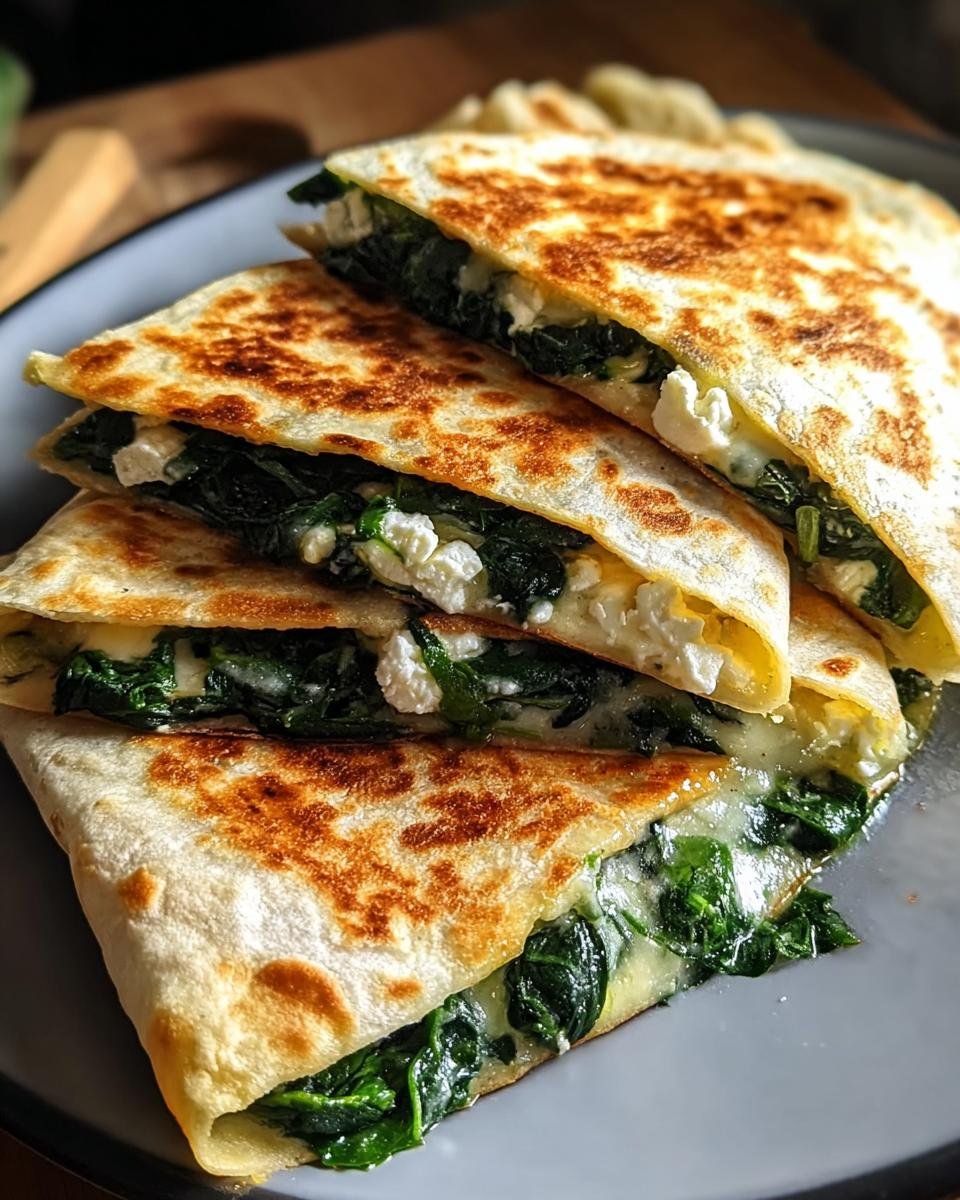 Stapel von knusprigen Spinat-Feta-Quesadillas, gefüllt mit geschmolzenem Käse und Spinat.