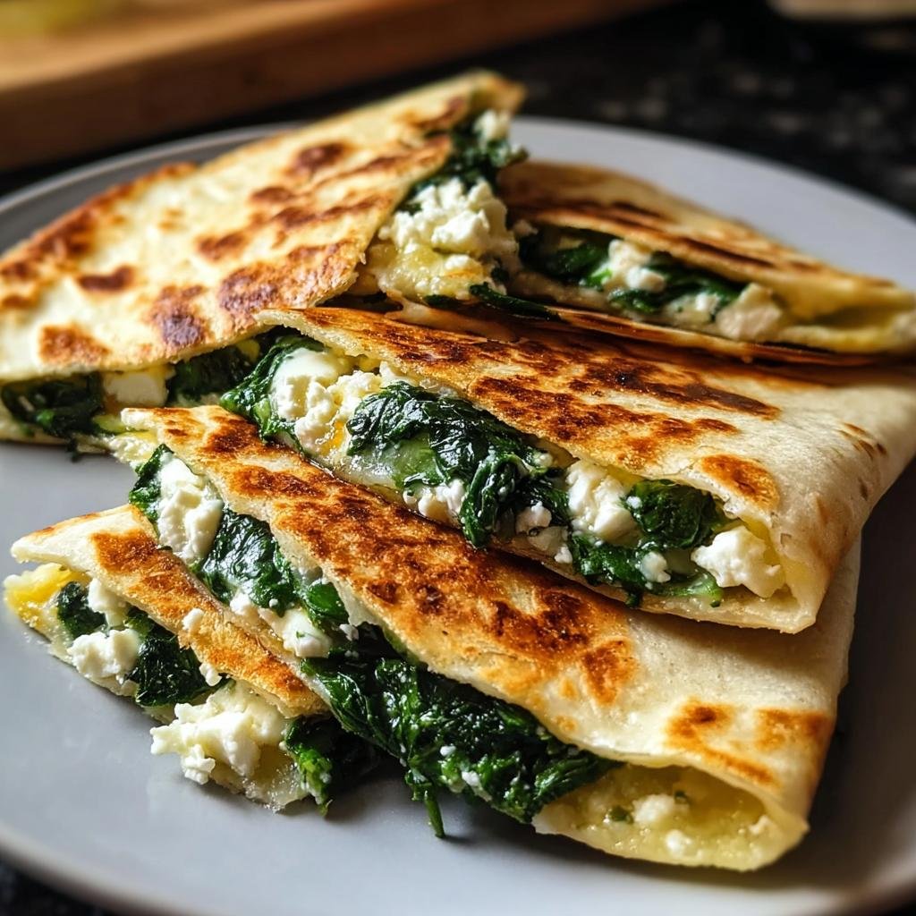 Nahaufnahme von knusprigen Spinat-Feta-Quesadillas, gefüllt mit Spinat und zerbröseltem Feta.