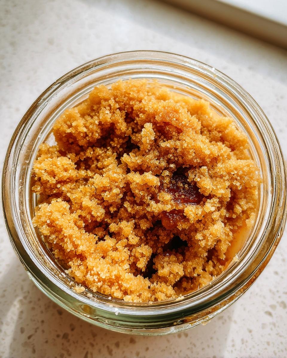Nahaufnahme der braunen Zucker-Streusel für das Apfel Crumble im Glas.