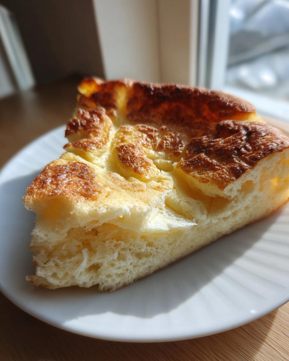 Nahaufnahme eines luftigen Stücks Ofenpfannkuchen mit goldbrauner, aufgegangener Kruste auf einem weißen Teller.