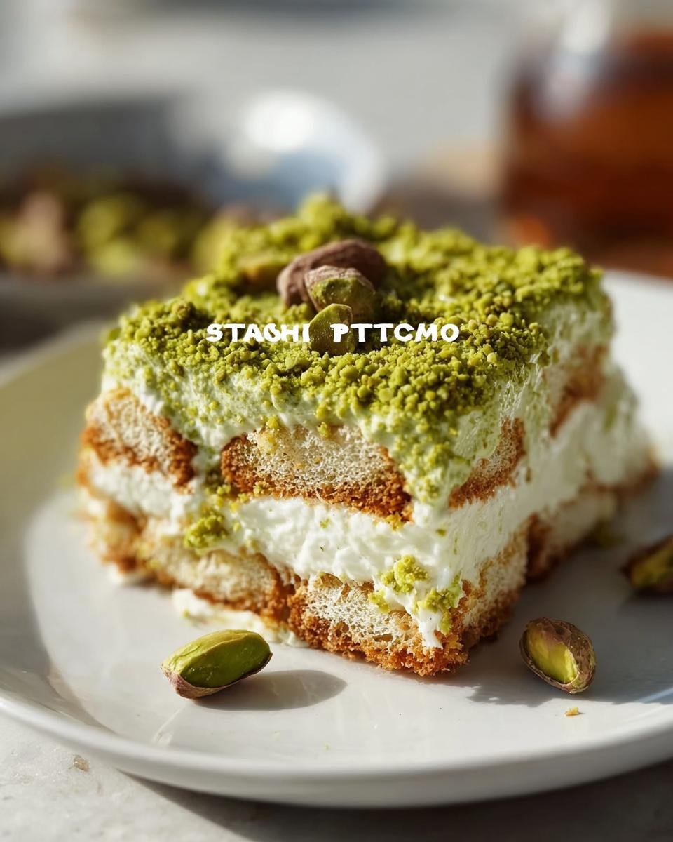 Nahaufnahme eines Stücks Pistachio Tiramisu mit Cremeschichten und Pistazienstreusel.