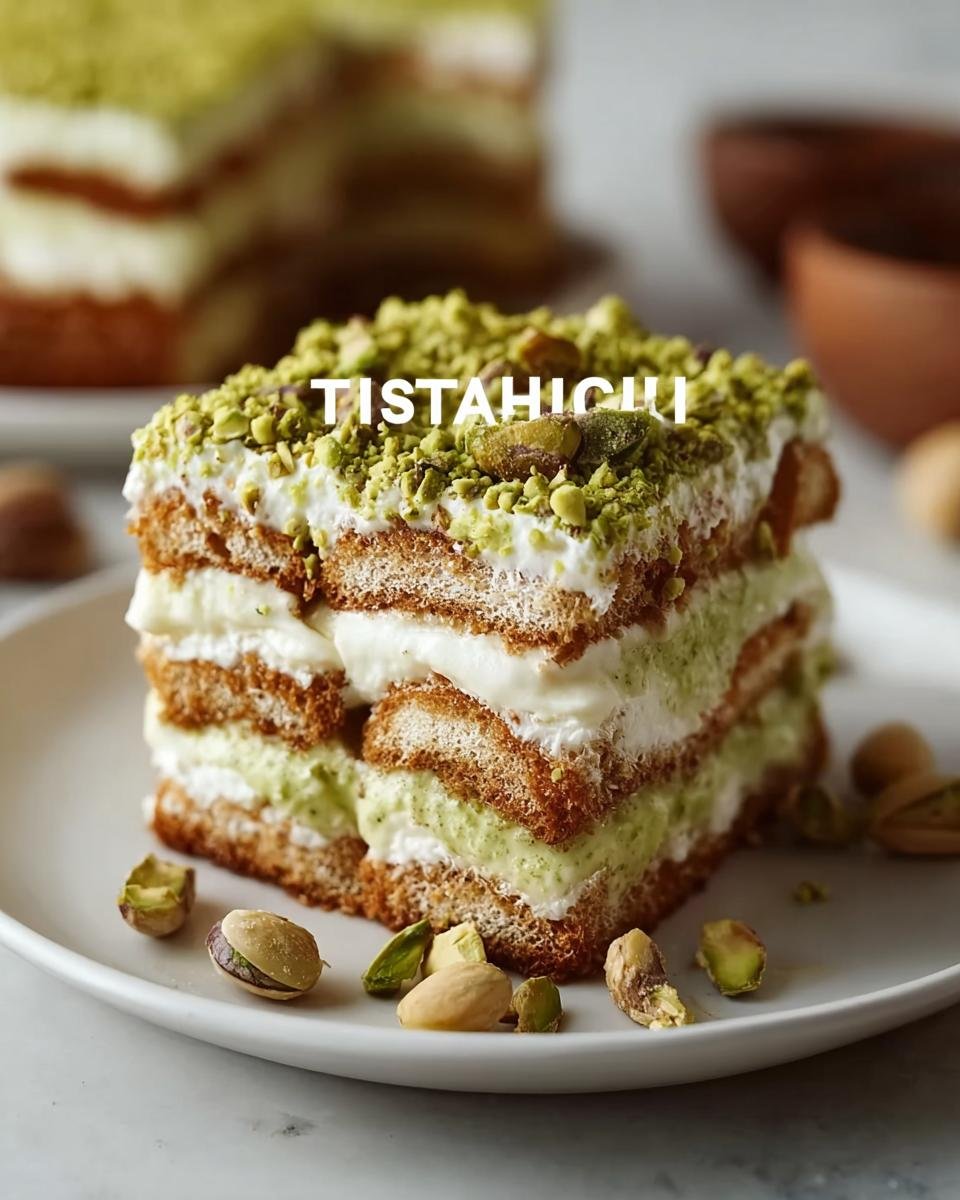 Nahaufnahme eines Schichtdesserts, das Pistazien Tiramisu, bestreut mit gehackten Pistazien.