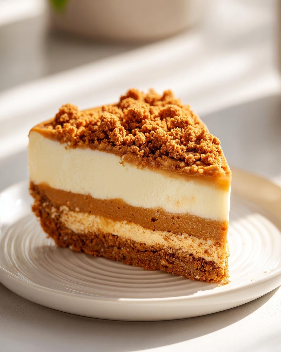 Nahaufnahme eines cremigen Stücks Speculoos Apfel Blechkuchen mit mehreren Schichten und Streuseln.