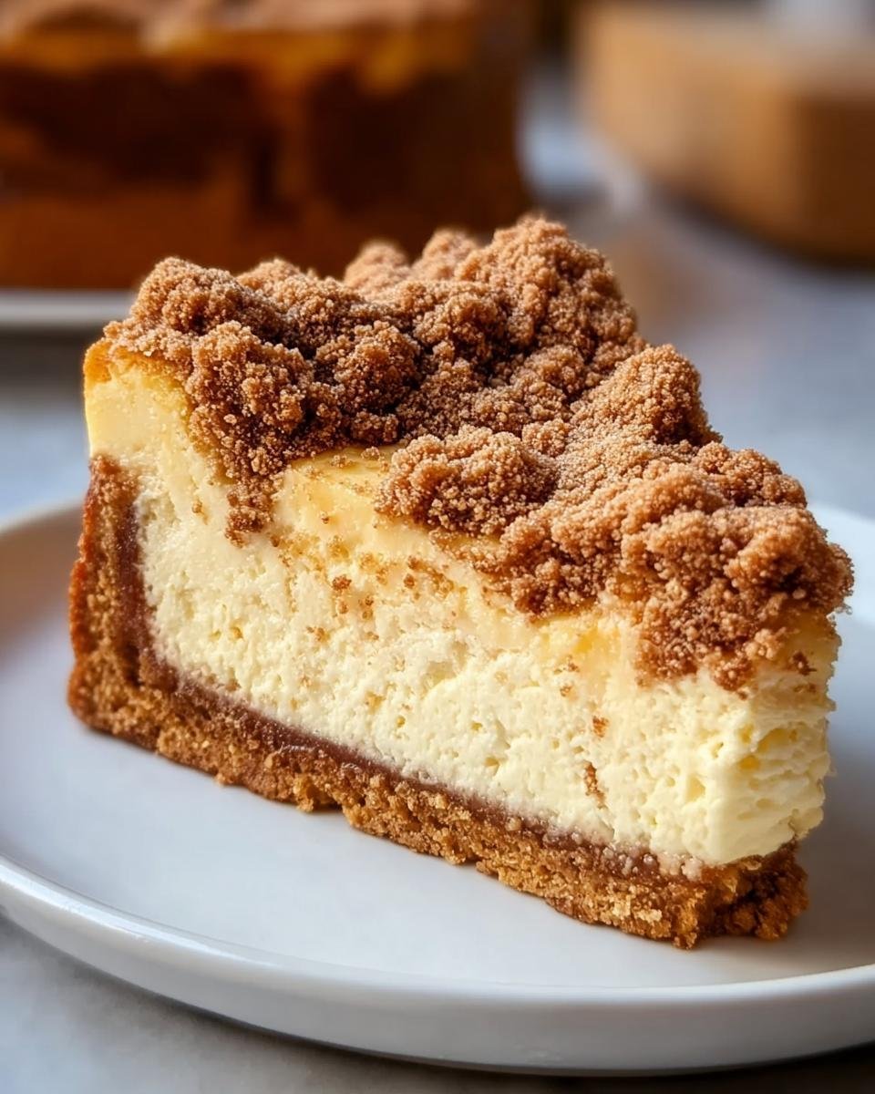 Nahaufnahme eines cremigen Stücks Weihnachts Zupfkuchen vom Blech mit dicker Zimtstreuseldecke auf einem weißen Teller.