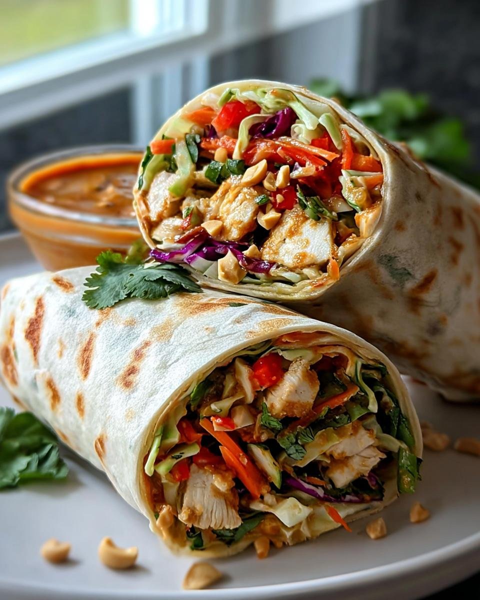 Zwei angeschnittene Thai-Erdnuss-Hähnchen-Wraps gefüllt mit Hähnchenstücken, Krautsalat und Erdnüssen.