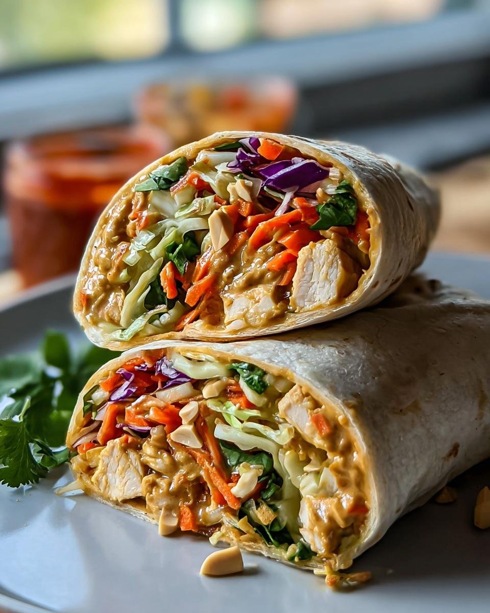 Zwei Hälften von Thai-Erdnuss-Hähnchen-Wraps, gefüllt mit Hähnchen, Karotten und Krautsalat, übereinander gestapelt.