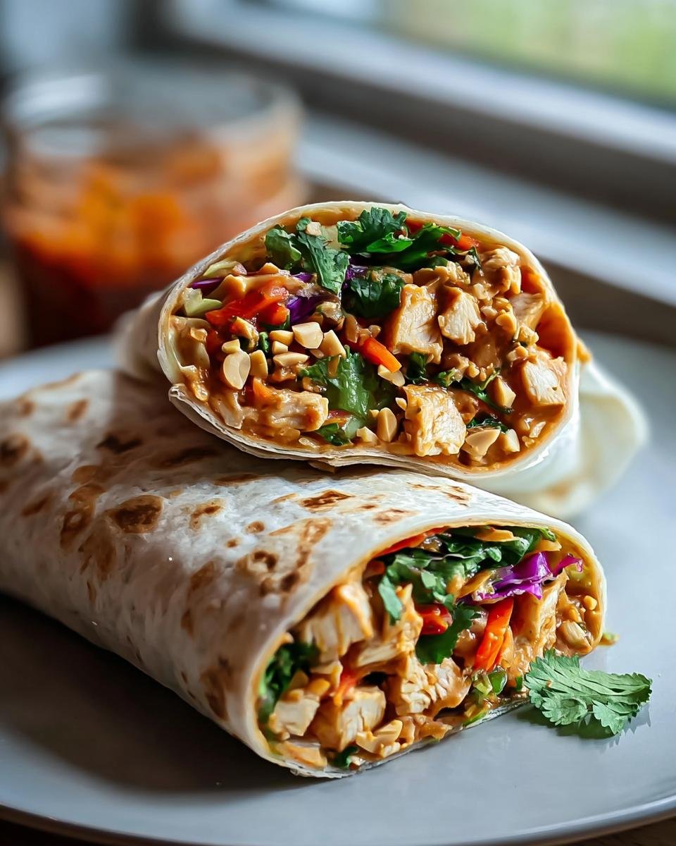 Zwei Hälften von Thai-Erdnuss-Hähnchen-Wraps, gefüllt mit Hähnchenstücken, Gemüse und Erdnüssen.