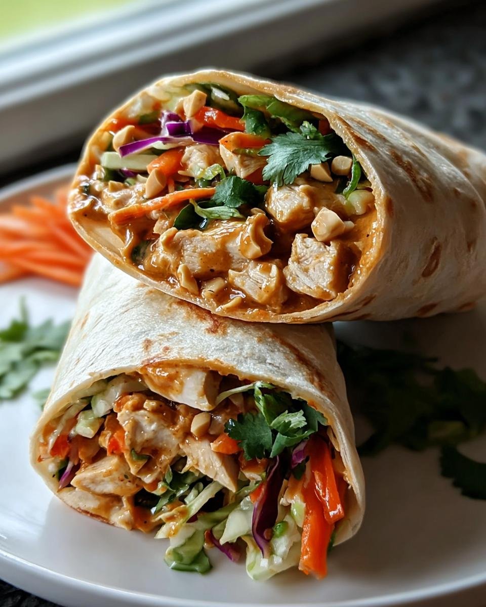 Zwei Hälften von Thai-Erdnuss-Hähnchen-Wraps, gefüllt mit Hähnchenstücken, Erdnüssen und frischem Gemüse.
