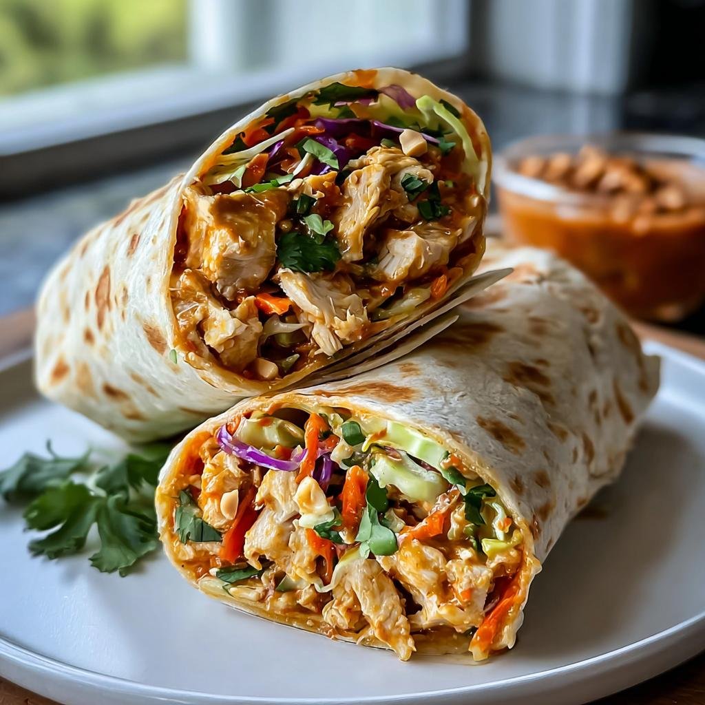 Zwei Hälften von Thai-Erdnuss-Hähnchen-Wraps, gefüllt mit Hähnchenstücken, Krautsalat und Erdnusssauce.