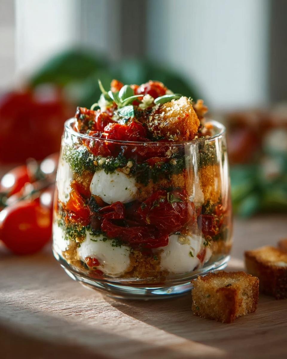 Geschichtetes Tomaten Mozzarella Tiramisu im Glas mit Pesto, getrockneten Tomaten und Croutons.