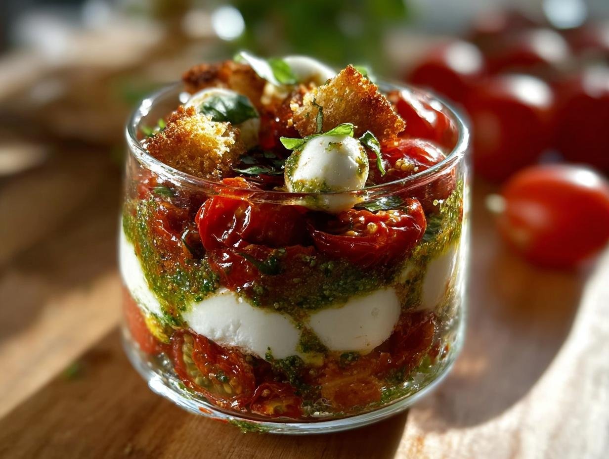 Nahaufnahme des Tomaten Mozzarella Tiramisu in einem Glas mit Pesto und Croutons.
