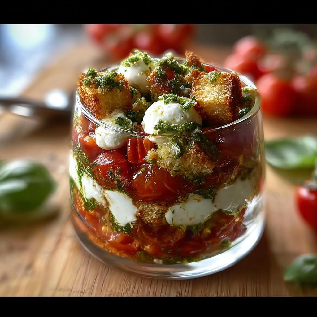 Nahaufnahme eines Tomaten Mozzarella Tiramisu im Glas mit Croutons und Pesto.