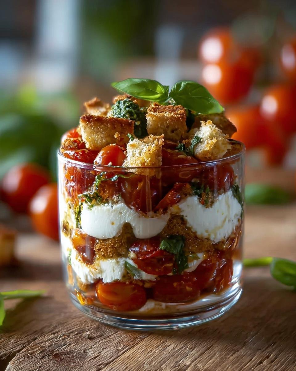 Geschichtetes Tomaten Mozzarella Tiramisu im Glas mit Croutons und Basilikum garniert.